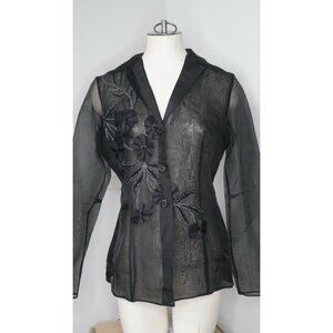 Black Floral and Mesh Tahari Blouse